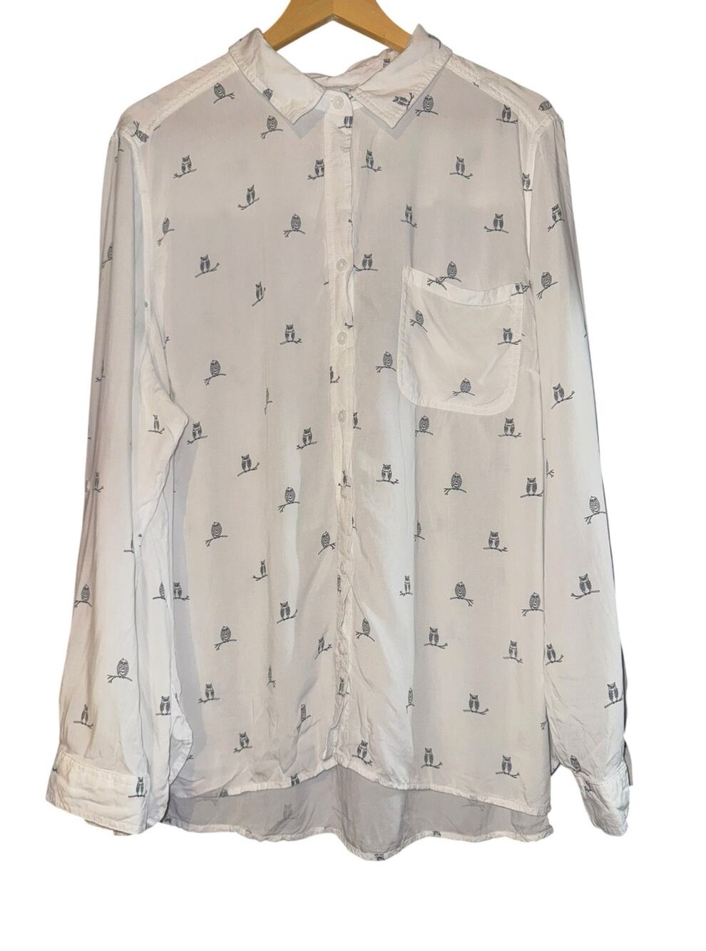 Beach Lunch Lounge Owl Button Up Top Women's 2X Roll Tab Sleeves Whimsical